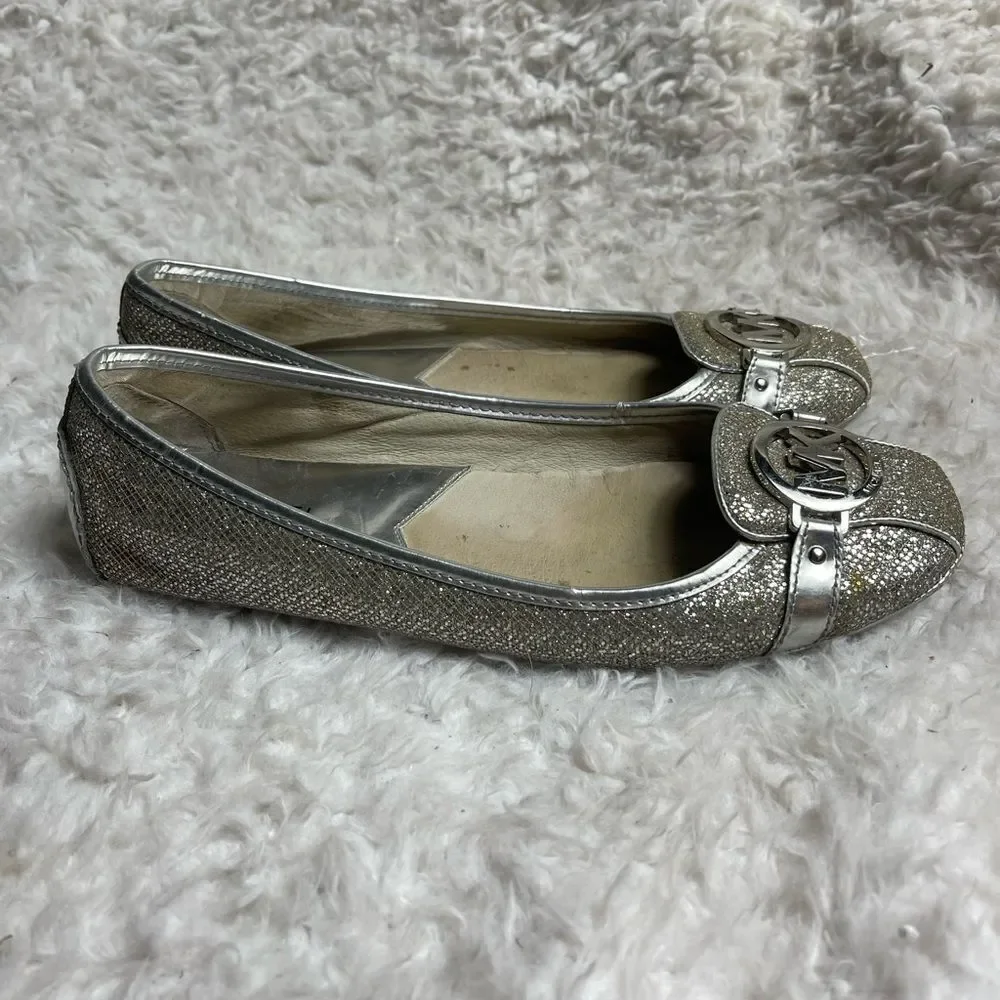 MICHAEL KORS SLIP ON MK LOGO SILVER GLITTER FLAT SHOES SIZE 10NARROW
